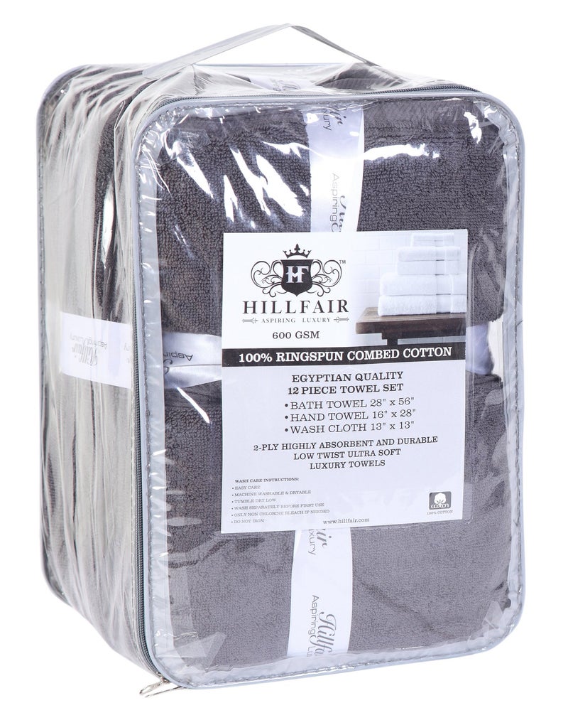 Hillfair 12 piece 600 GSM Cotton Bath Towels - Hotel Spa Quality - 2 Bath, 4 Hand, 6 Washcloths - Absorbent Super Soft Grey Cotton Set - Image 5